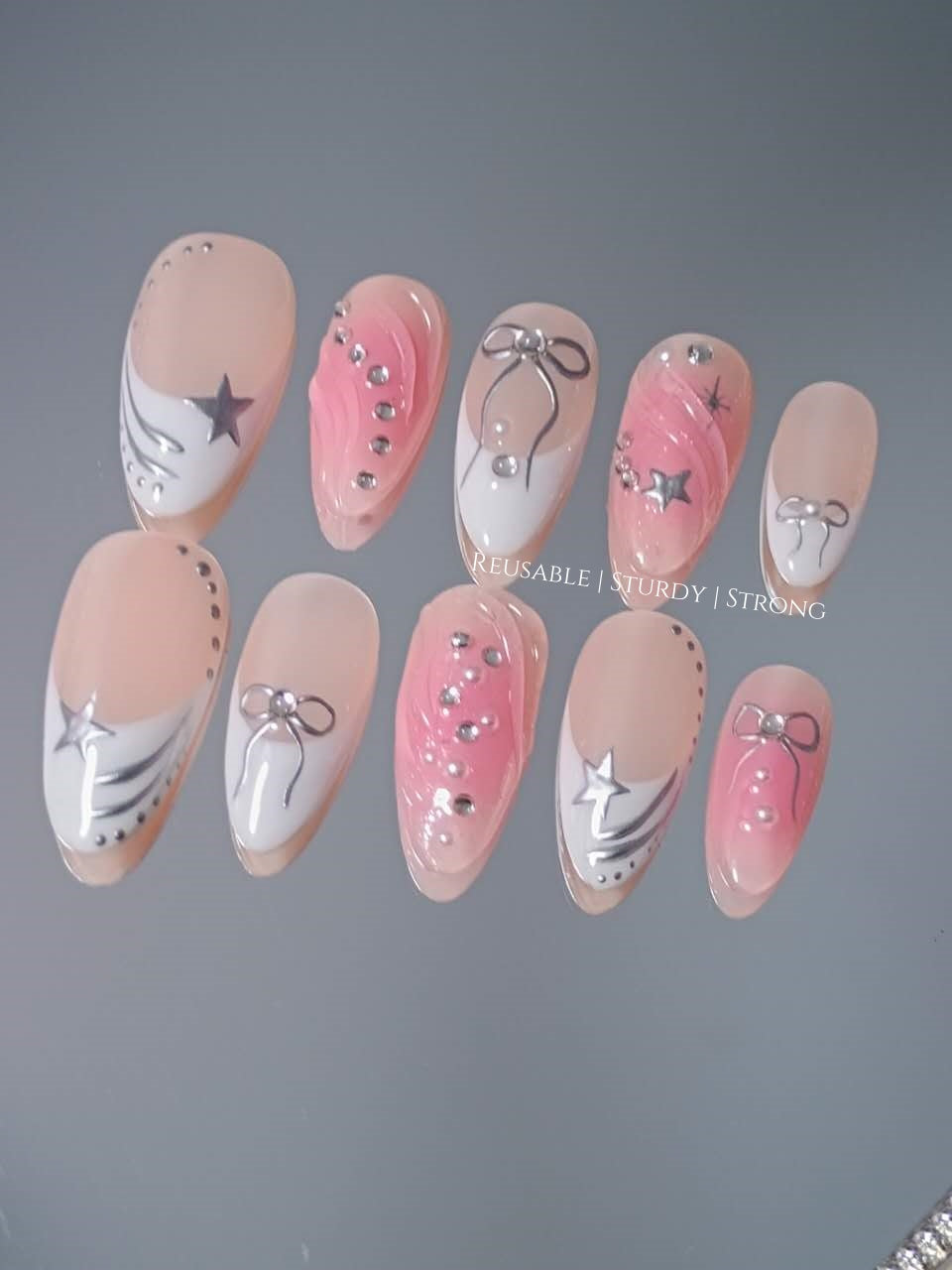 White French Tips with Star & Pink Glitter Blush Nails