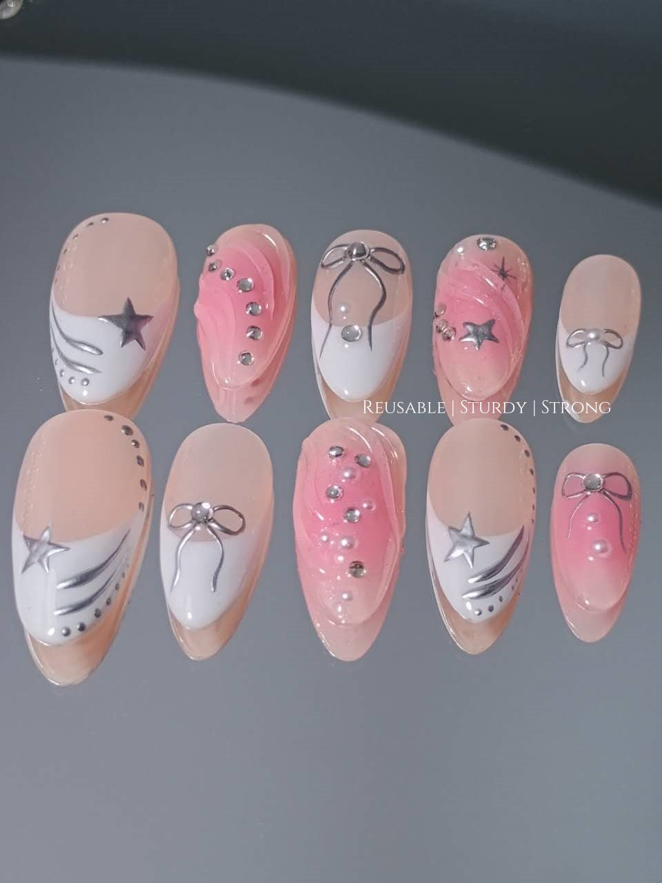 White French Tips with Star & Pink Glitter Blush Nails