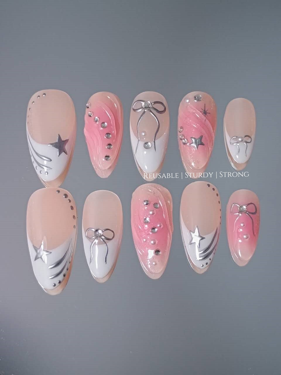 White French Tips with Star & Pink Glitter Blush Nails