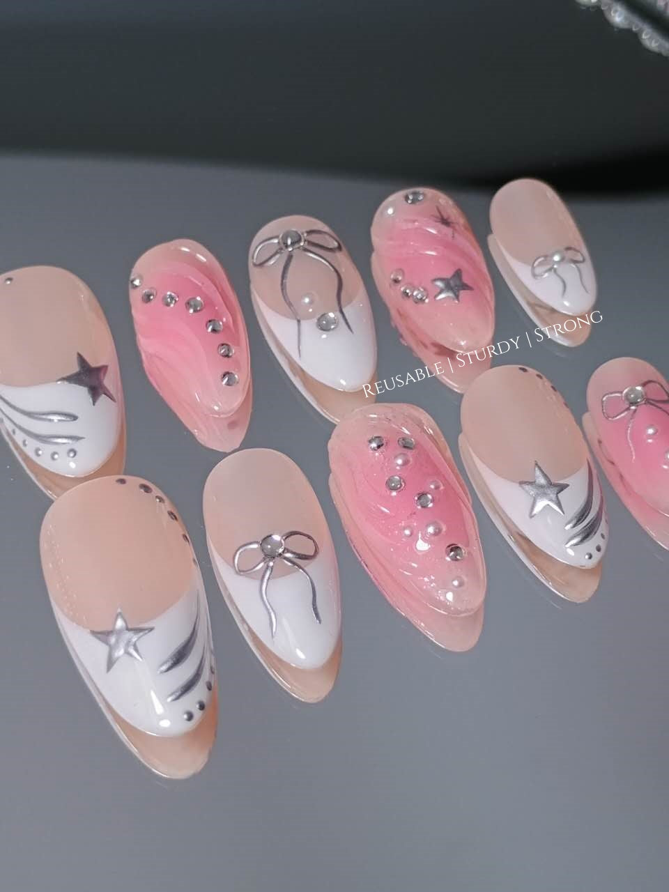 White French Tips with Star & Pink Glitter Blush Nails