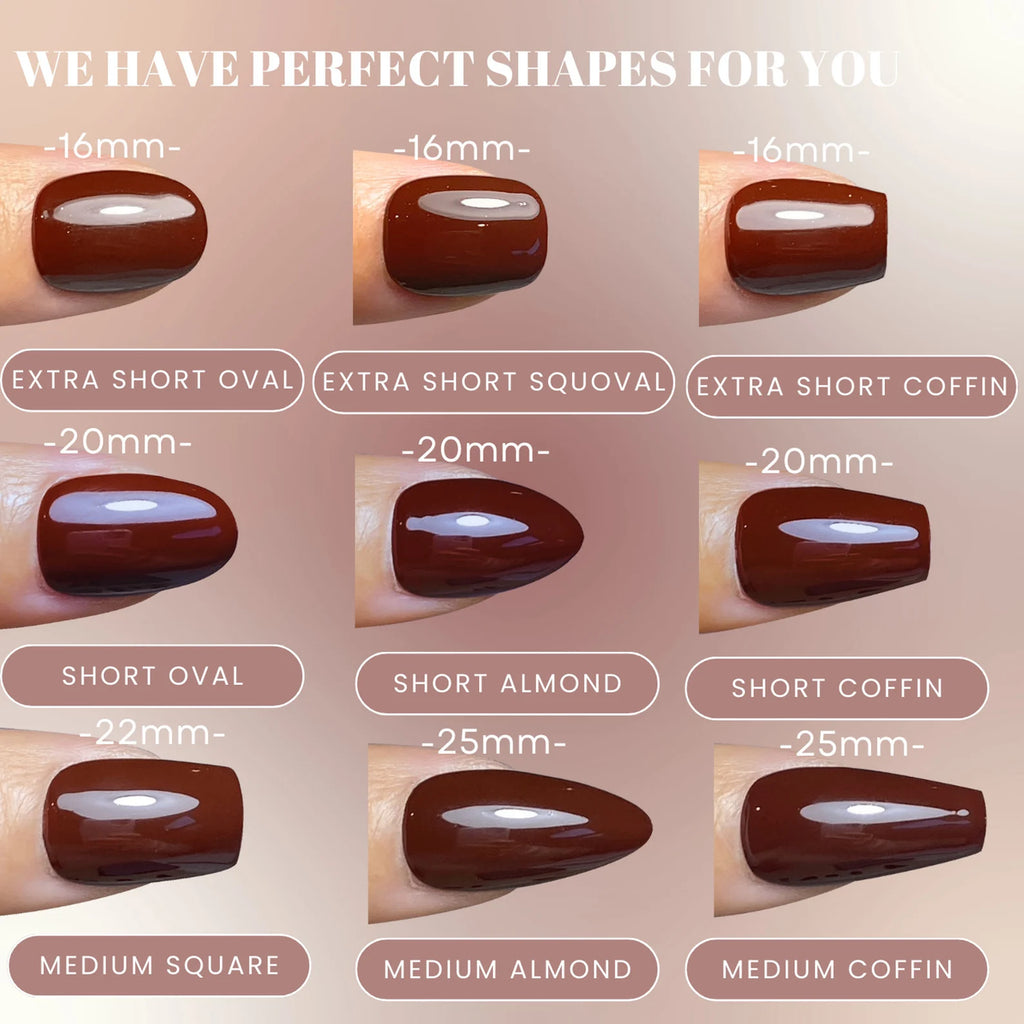 various nail polish colors and their corresponding nail shape sizes, ranging from 16mm to 25mm.